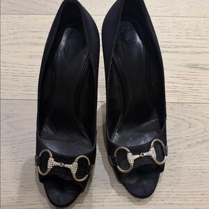 Gucci Black Peep-Toe Pumps with Gold Rhinestone Horsebit